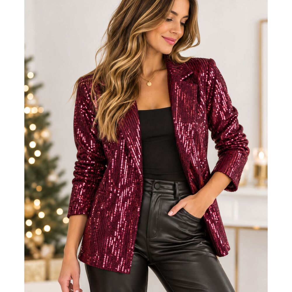 Burgundy Sequin Blazer Women’s Size M Sparkle Holiday Party Jacket